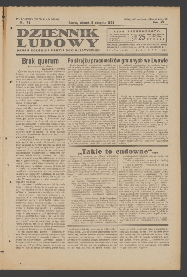 Dziennik Ludowy&nbsp;: organ Polskiej Partji Socjalistycznej. Rok&nbsp;15, 1932, numer&nbsp;179 (po&nbsp;konfiskacie nakład drugi)
