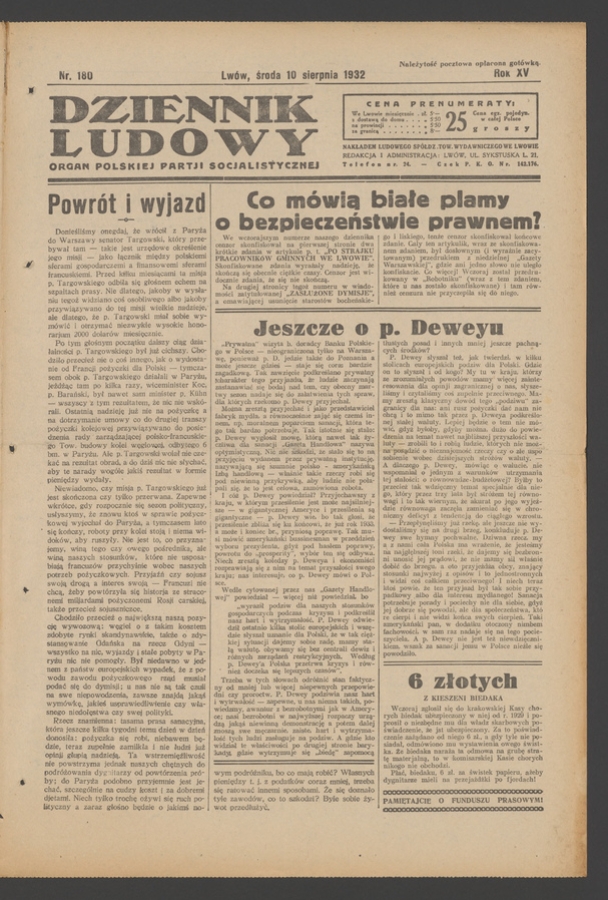 Dziennik Ludowy&nbsp;: organ Polskiej Partji Socjalistycznej. Rok&nbsp;15, 1932, numer&nbsp;180