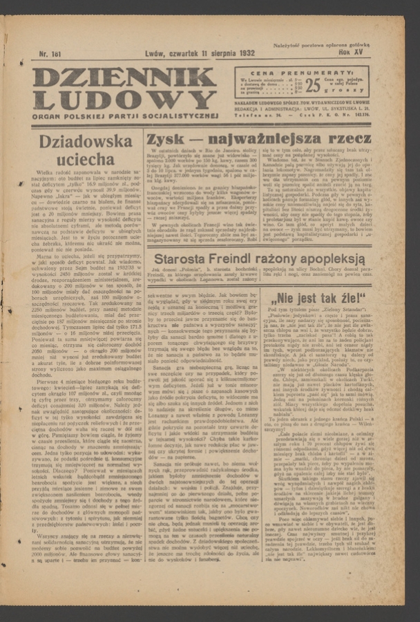 Dziennik Ludowy&nbsp;: organ Polskiej Partji Socjalistycznej. Rok&nbsp;15, 1932, numer&nbsp;181