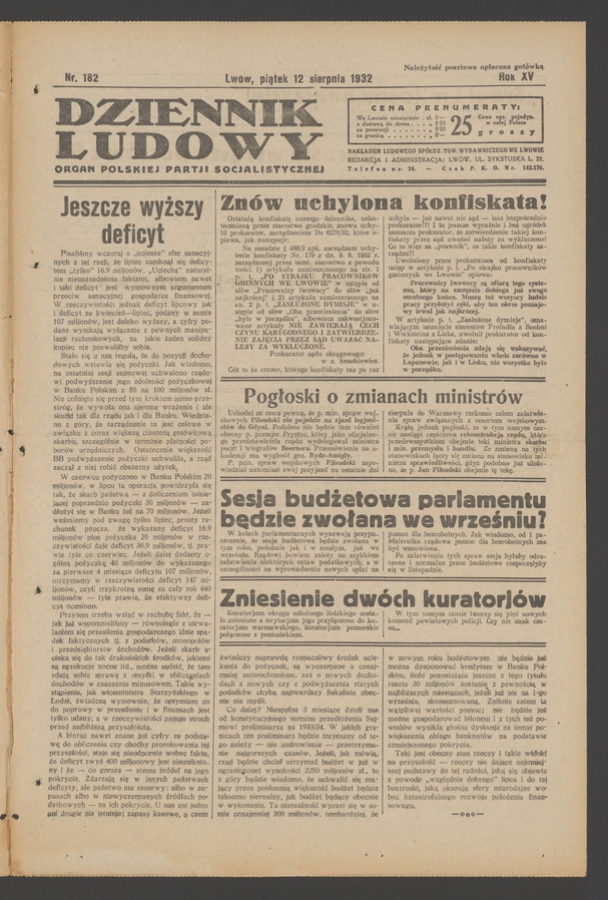 Dziennik Ludowy&nbsp;: organ Polskiej Partji Socjalistycznej. Rok&nbsp;15, 1932, numer&nbsp;182