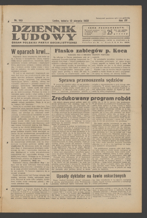 Dziennik Ludowy&nbsp;: organ Polskiej Partji Socjalistycznej. Rok&nbsp;15, 1932, numer&nbsp;183