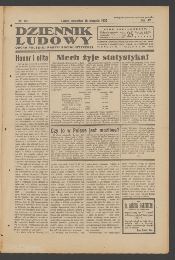 Dziennik Ludowy&nbsp;: organ Polskiej Partji Socjalistycznej. Rok&nbsp;15, 1932, numer&nbsp;186