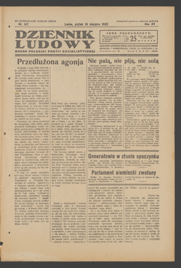 Dziennik Ludowy&nbsp;: organ Polskiej Partji Socjalistycznej. Rok&nbsp;15, 1932, numer&nbsp;187 (po&nbsp;konfiskacie nakład drugi)
