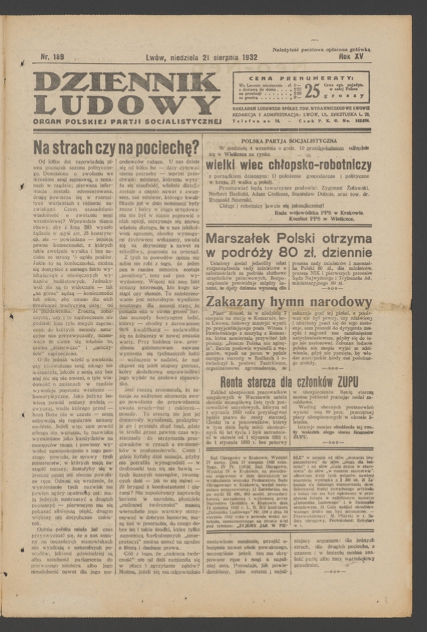 Dziennik Ludowy&nbsp;: organ Polskiej Partji Socjalistycznej. Rok&nbsp;15, 1932, numer&nbsp;189