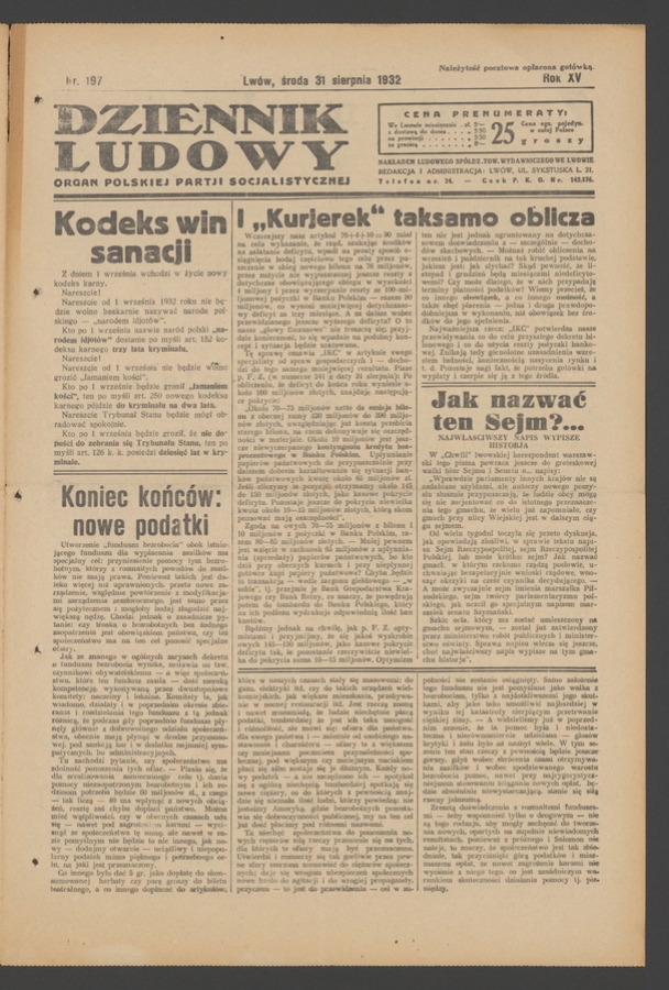 Dziennik Ludowy&nbsp;: organ Polskiej Partji Socjalistycznej. Rok&nbsp;15, 1932, numer&nbsp;197