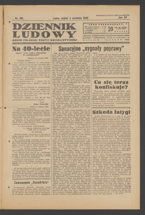 Dziennik Ludowy&nbsp;: organ Polskiej Partji Socjalistycznej. Rok&nbsp;15, 1932, numer&nbsp;199