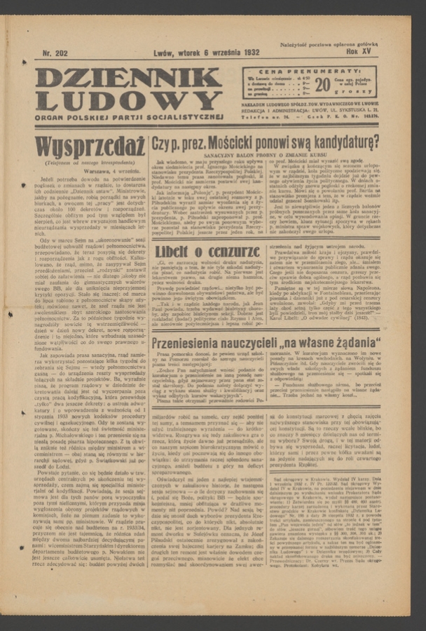 Dziennik Ludowy&nbsp;: organ Polskiej Partji Socjalistycznej. Rok&nbsp;15, 1932, numer&nbsp;202