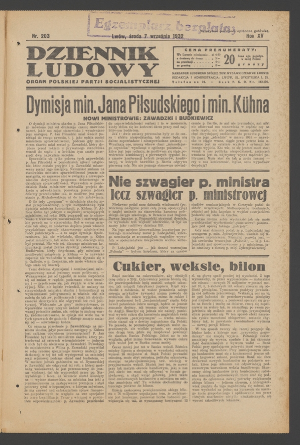 Dziennik Ludowy&nbsp;: organ Polskiej Partji Socjalistycznej. Rok&nbsp;15, 1932, numer&nbsp;203