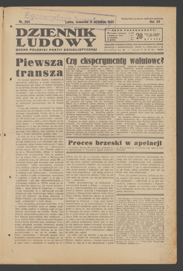 Dziennik Ludowy&nbsp;: organ Polskiej Partji Socjalistycznej. Rok&nbsp;15, 1932, numer&nbsp;204