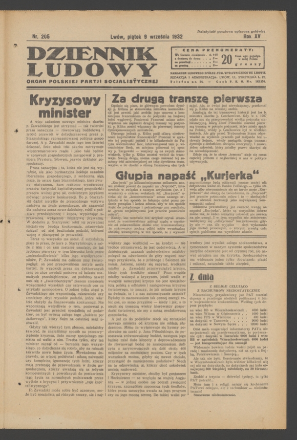 Dziennik Ludowy&nbsp;: organ Polskiej Partji Socjalistycznej. Rok&nbsp;15, 1932, numer&nbsp;205
