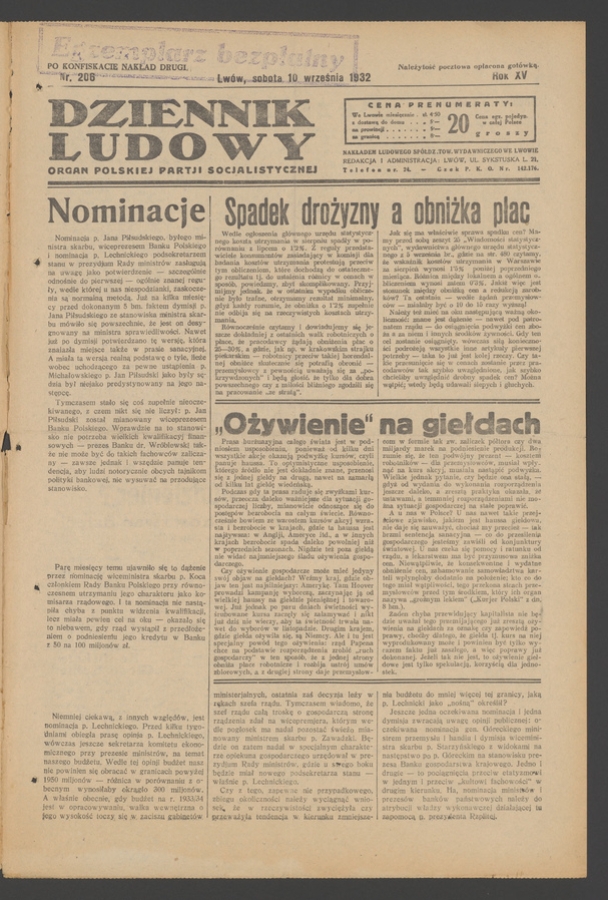 Dziennik Ludowy&nbsp;: organ Polskiej Partji Socjalistycznej. Rok&nbsp;15, 1932, numer&nbsp;206 (po&nbsp;konfiskacie nakład drugi)