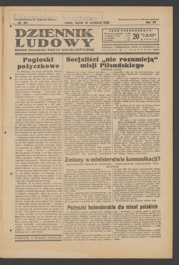 Dziennik Ludowy&nbsp;: organ Polskiej Partji Socjalistycznej. Rok&nbsp;15, 1932, numer&nbsp;211 (po&nbsp;konfiskacie nakład drugi)