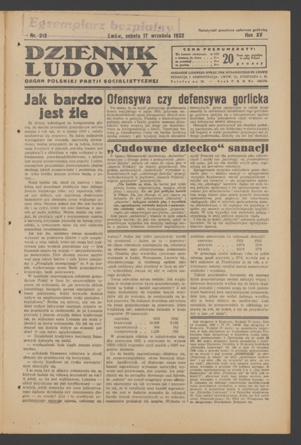 Dziennik Ludowy&nbsp;: organ Polskiej Partji Socjalistycznej. Rok&nbsp;15, 1932, numer&nbsp;212
