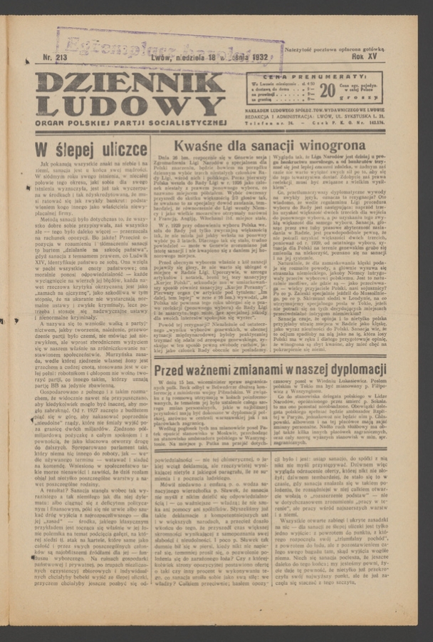 Dziennik Ludowy&nbsp;: organ Polskiej Partji Socjalistycznej. Rok&nbsp;15, 1932, numer&nbsp;213