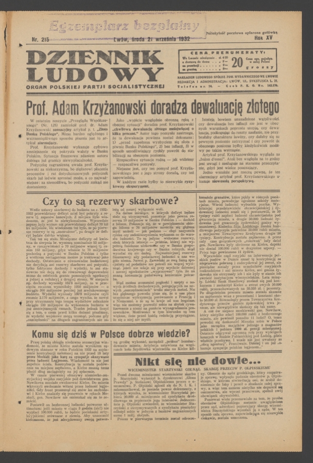 Dziennik Ludowy&nbsp;: organ Polskiej Partji Socjalistycznej. Rok&nbsp;15, 1932, numer&nbsp;215