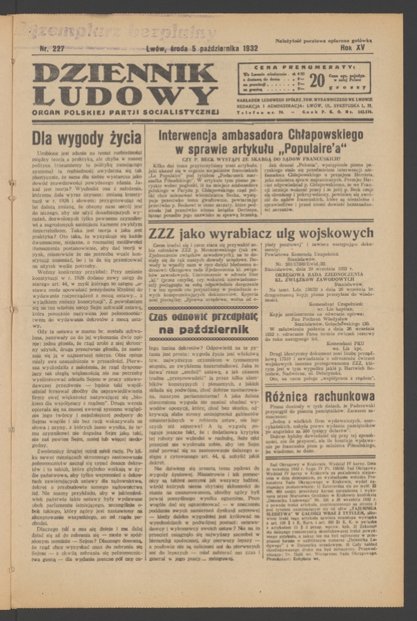 Dziennik Ludowy&nbsp;: organ Polskiej Partji Socjalistycznej. Rok&nbsp;15, 1932, numer&nbsp;227