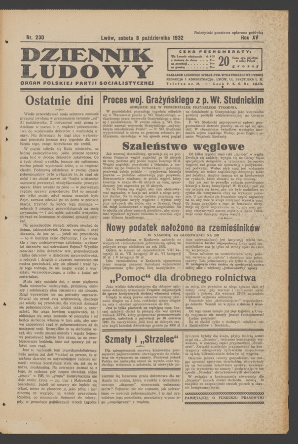 Dziennik Ludowy&nbsp;: organ Polskiej Partji Socjalistycznej. Rok&nbsp;15, 1932, numer&nbsp;230