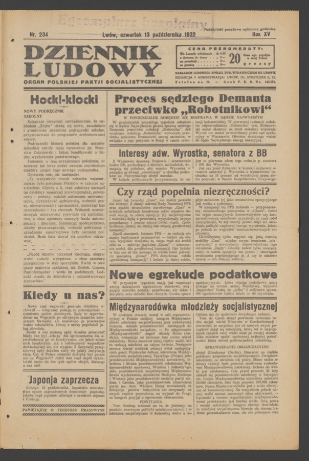 Dziennik Ludowy&nbsp;: organ Polskiej Partji Socjalistycznej. Rok&nbsp;15, 1932, numer&nbsp;234