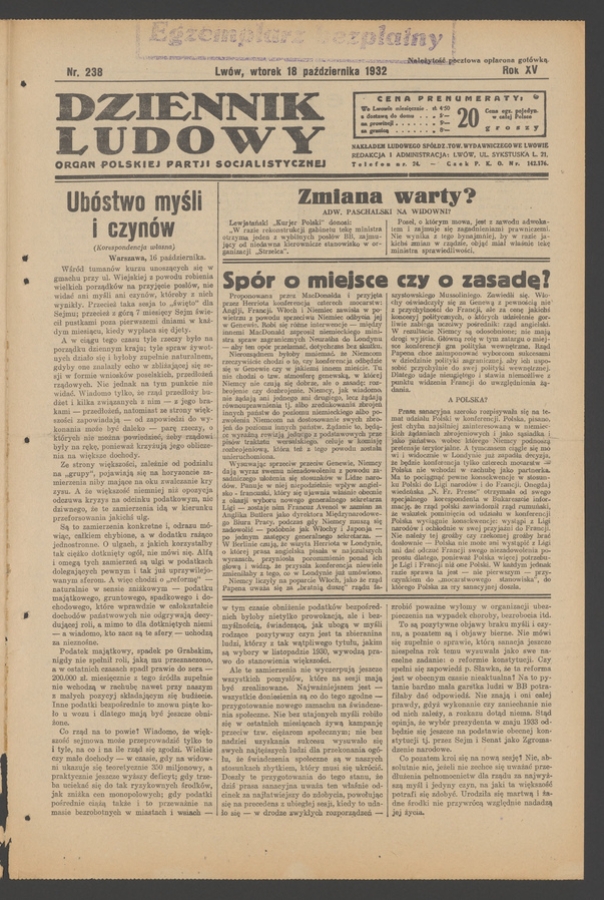 Dziennik Ludowy&nbsp;: organ Polskiej Partji Socjalistycznej. Rok&nbsp;15, 1932, numer&nbsp;238