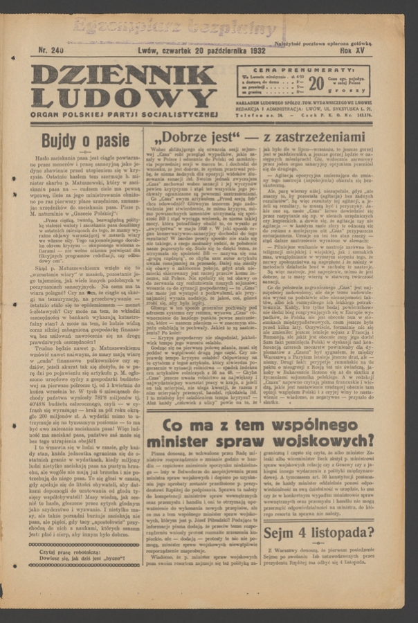 Dziennik Ludowy&nbsp;: organ Polskiej Partji Socjalistycznej. Rok&nbsp;15, 1932, numer&nbsp;240