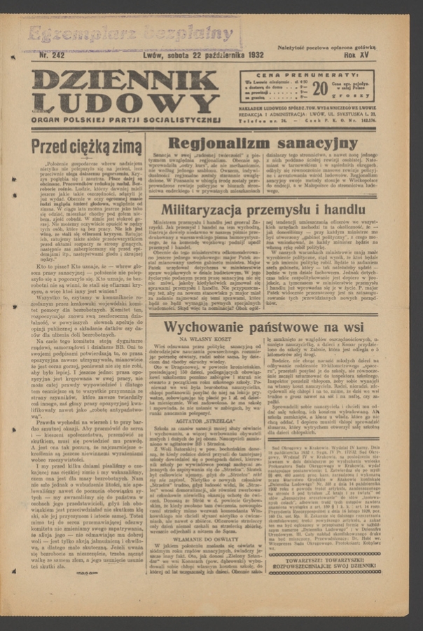 Dziennik Ludowy&nbsp;: organ Polskiej Partji Socjalistycznej. Rok&nbsp;15, 1932, numer&nbsp;242