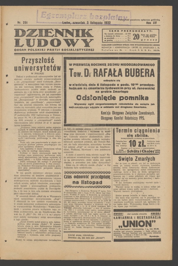 Dziennik Ludowy&nbsp;: organ Polskiej Partji Socjalistycznej. Rok&nbsp;15, 1932, numer&nbsp;251