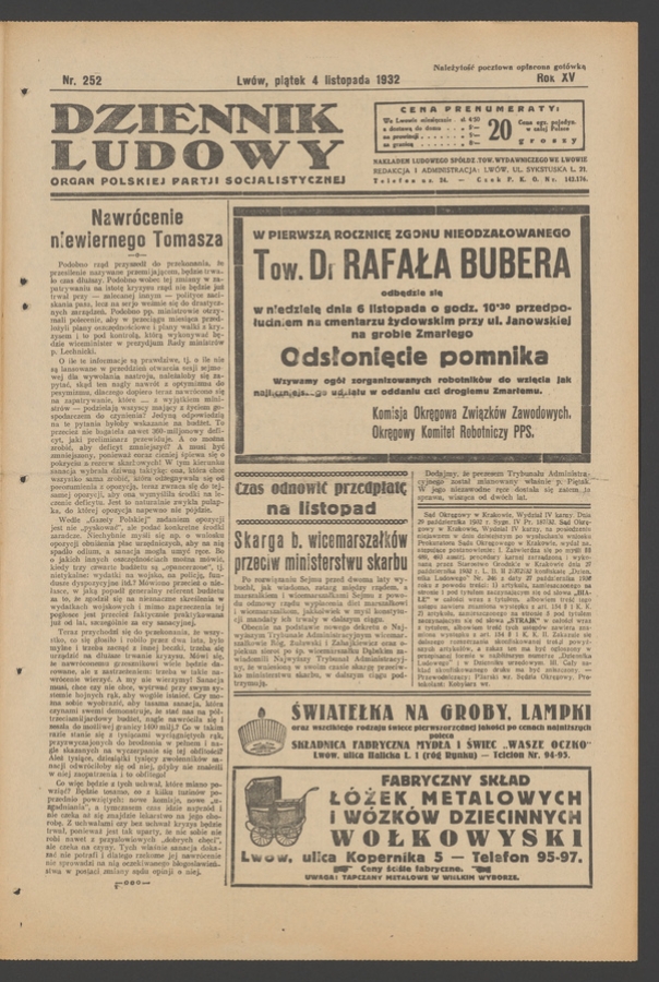Dziennik Ludowy&nbsp;: organ Polskiej Partji Socjalistycznej. Rok&nbsp;15, 1932, numer&nbsp;252
