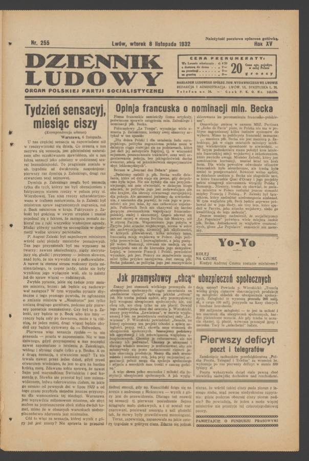 Dziennik Ludowy&nbsp;: organ Polskiej Partji Socjalistycznej. Rok&nbsp;15, 1932, numer&nbsp;255