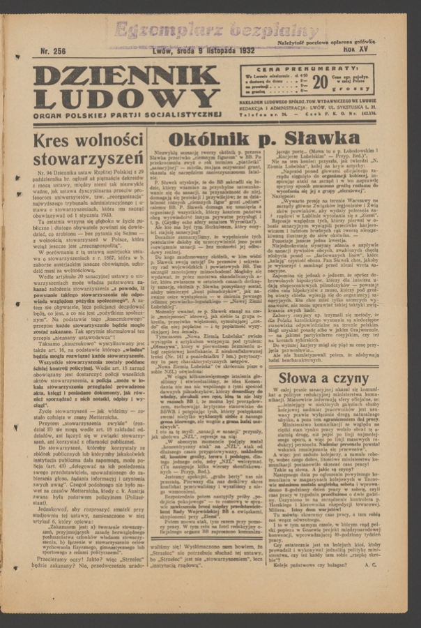 Dziennik Ludowy&nbsp;: organ Polskiej Partji Socjalistycznej. Rok&nbsp;15, 1932, numer&nbsp;256