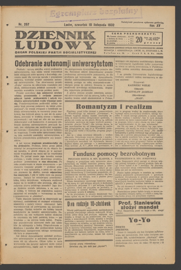 Dziennik Ludowy&nbsp;: organ Polskiej Partji Socjalistycznej. Rok&nbsp;15, 1932, numer&nbsp;257