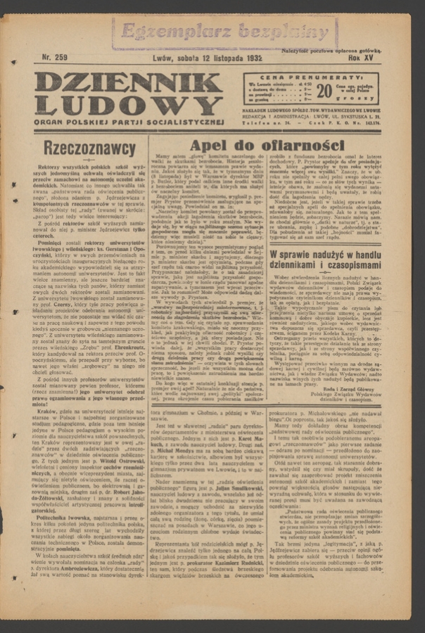 Dziennik Ludowy&nbsp;: organ Polskiej Partji Socjalistycznej. Rok&nbsp;15, 1932, numer&nbsp;259