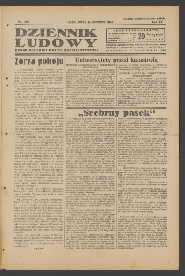 Dziennik Ludowy&nbsp;: organ Polskiej Partji Socjalistycznej. Rok&nbsp;15, 1932, numer&nbsp;262