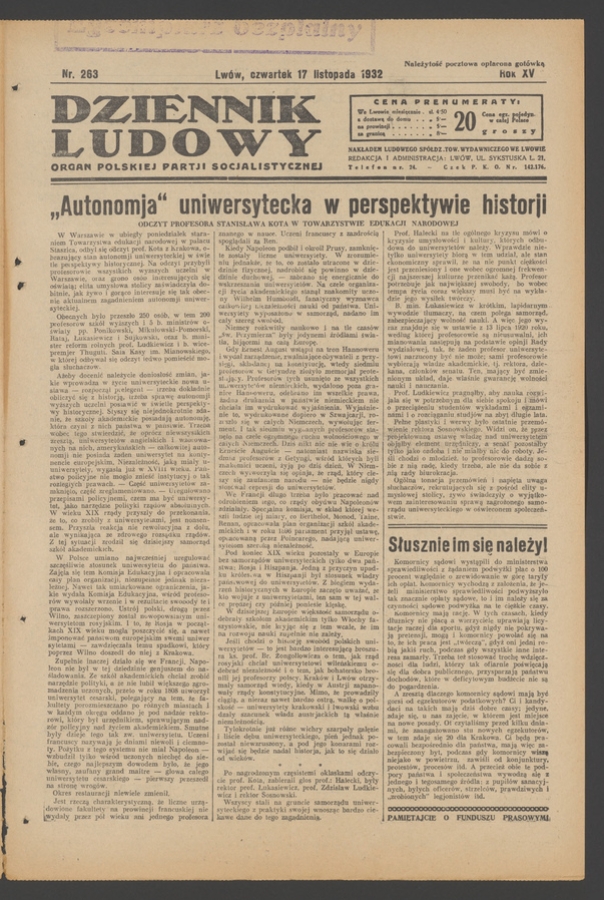 Dziennik Ludowy&nbsp;: organ Polskiej Partji Socjalistycznej. Rok&nbsp;15, 1932, numer&nbsp;263