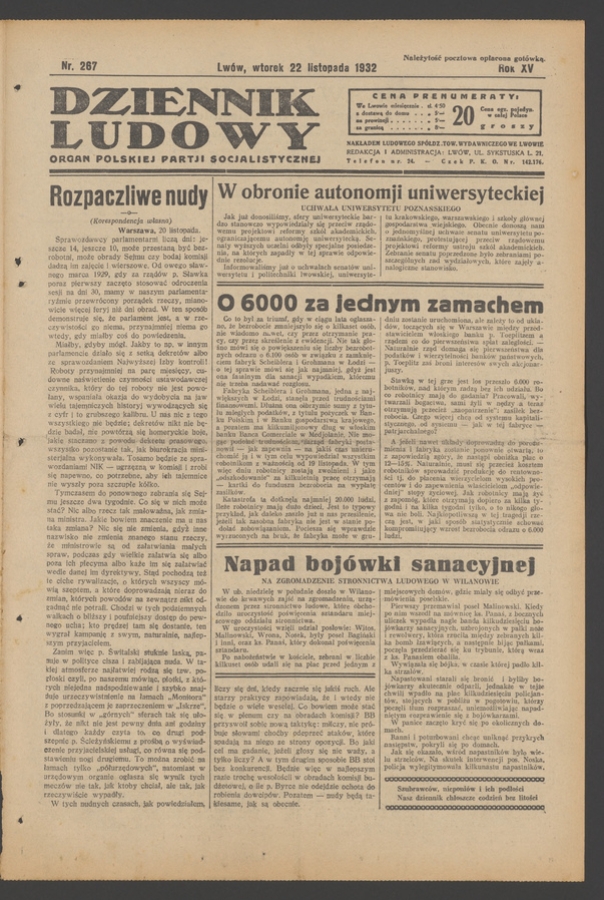 Dziennik Ludowy&nbsp;: organ Polskiej Partji Socjalistycznej. Rok&nbsp;15, 1932, numer&nbsp;267