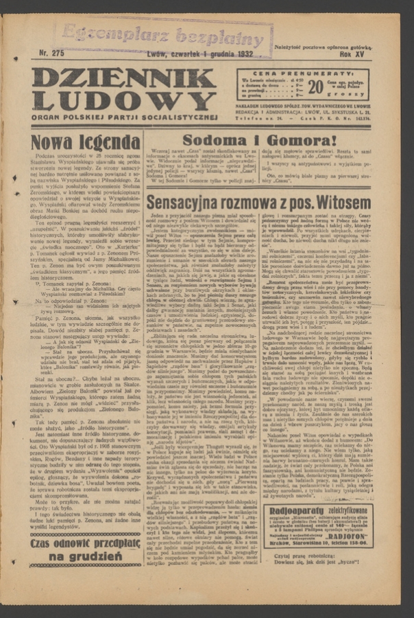 Dziennik Ludowy&nbsp;: organ Polskiej Partji Socjalistycznej. Rok&nbsp;15, 1932, numer&nbsp;275