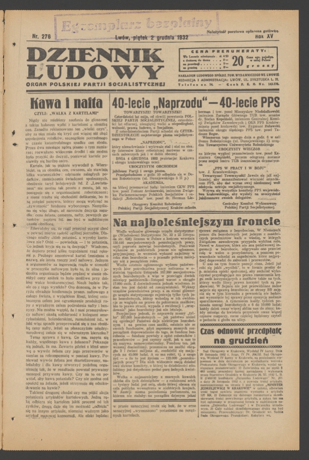 Dziennik Ludowy&nbsp;: organ Polskiej Partji Socjalistycznej. Rok&nbsp;15, 1932, numer&nbsp;276