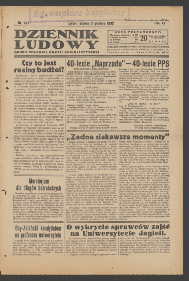 Dziennik Ludowy&nbsp;: organ Polskiej Partji Socjalistycznej. Rok&nbsp;15, 1932, numer&nbsp;277
