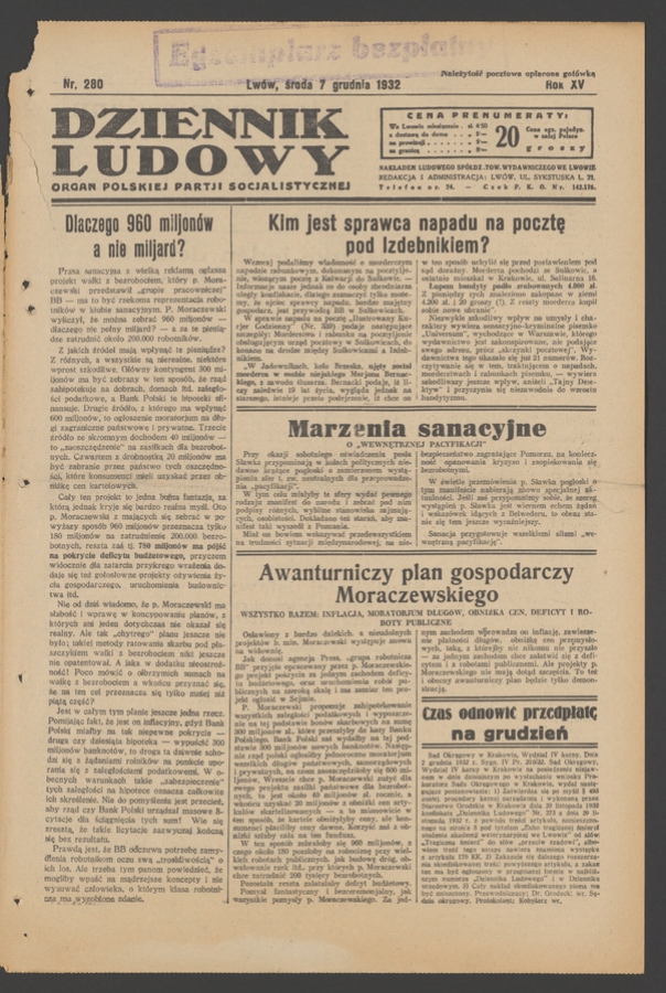 Dziennik Ludowy&nbsp;: organ Polskiej Partji Socjalistycznej. Rok&nbsp;15, 1932, numer&nbsp;280
