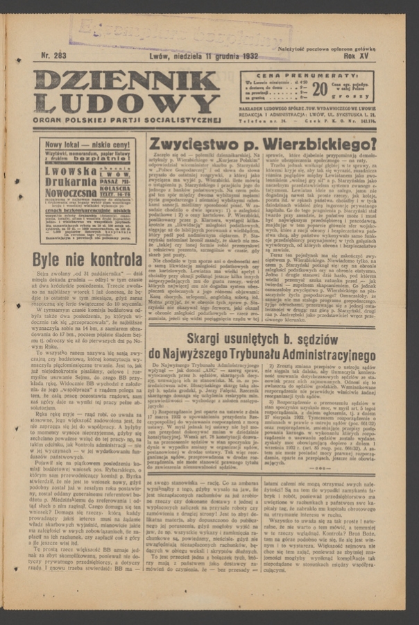 Dziennik Ludowy&nbsp;: organ Polskiej Partji Socjalistycznej. Rok&nbsp;15, 1932, numer&nbsp;283