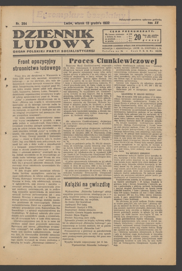 Dziennik Ludowy&nbsp;: organ Polskiej Partji Socjalistycznej. Rok&nbsp;15, 1932, numer&nbsp;284