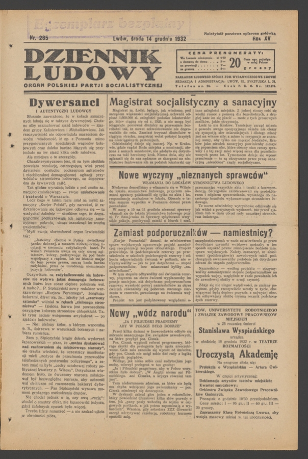 Dziennik Ludowy&nbsp;: organ Polskiej Partji Socjalistycznej. Rok&nbsp;15, 1932, numer&nbsp;285