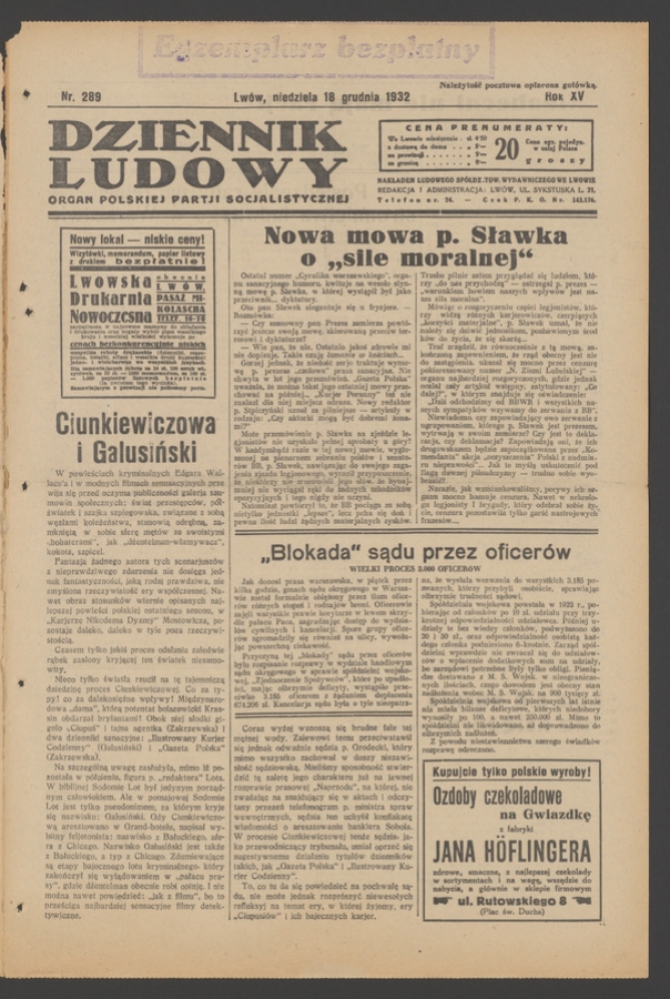 Dziennik Ludowy&nbsp;: organ Polskiej Partji Socjalistycznej. Rok&nbsp;15, 1932, numer&nbsp;289