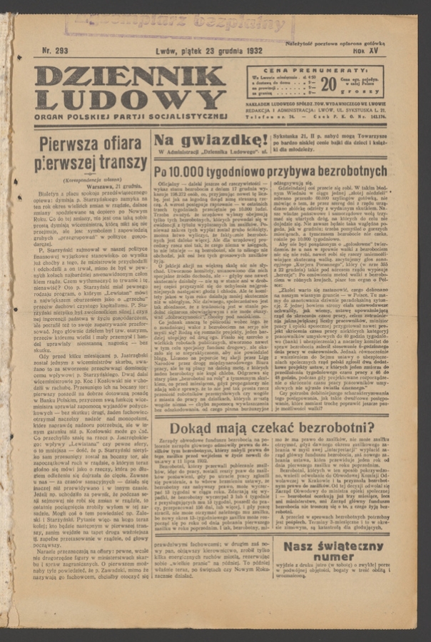 Dziennik Ludowy&nbsp;: organ Polskiej Partji Socjalistycznej. Rok&nbsp;15, 1932, numer&nbsp;293
