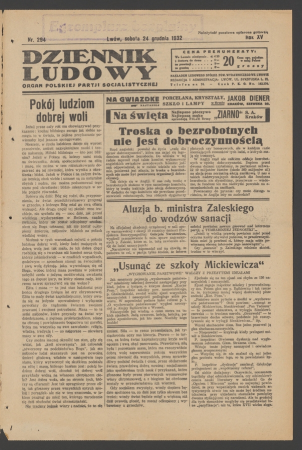Dziennik Ludowy&nbsp;: organ Polskiej Partji Socjalistycznej. Rok&nbsp;15, 1932, numer&nbsp;294