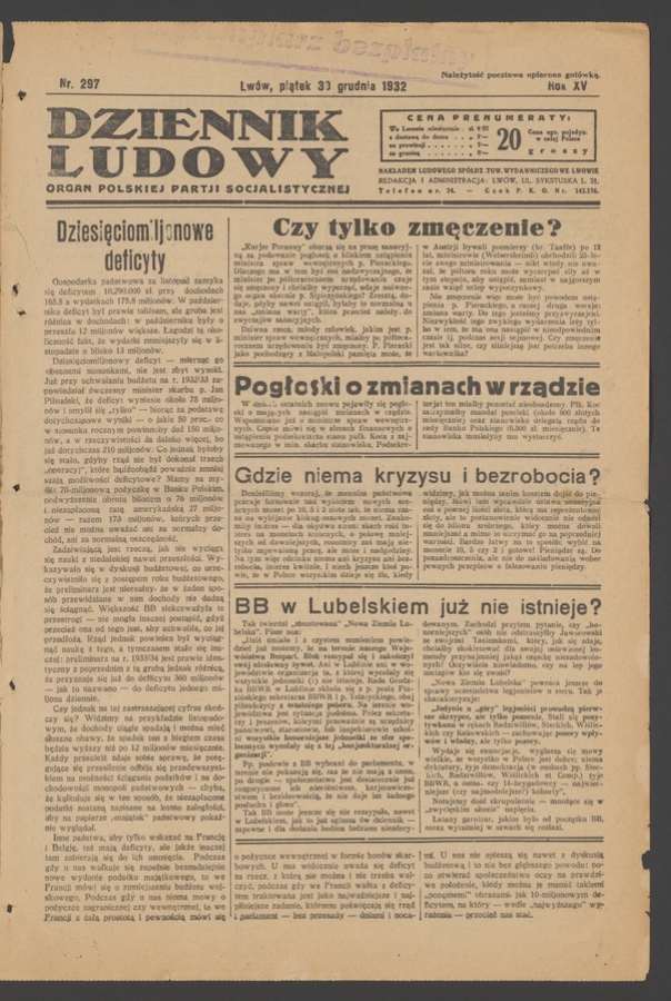 Dziennik Ludowy&nbsp;: organ Polskiej Partji Socjalistycznej. Rok&nbsp;15, 1932, numer&nbsp;297