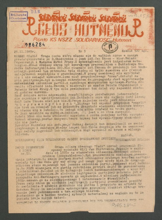 Głos Hutmenu&nbsp;: pismo KS NSZZ &bdquo;Solidarność&rdquo; Hutmen. 1983, numer&nbsp;9