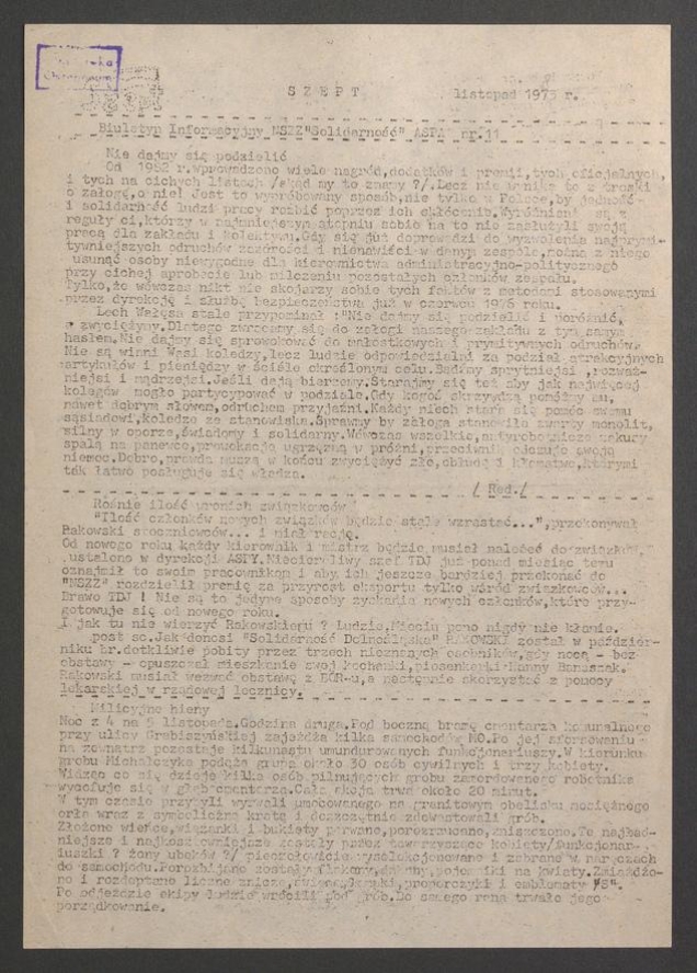 Szept : biuletyn informacyjny NSZZ &bdquo;Solidarność&rdquo; ASPA. 1983, numer&nbsp;11