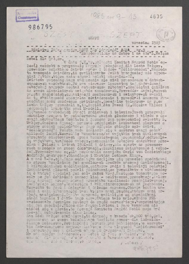 Szept : biuletyn informacyjny NSZZ &bdquo;Solidarność&rdquo; ASPA. 1983, numer&nbsp;9