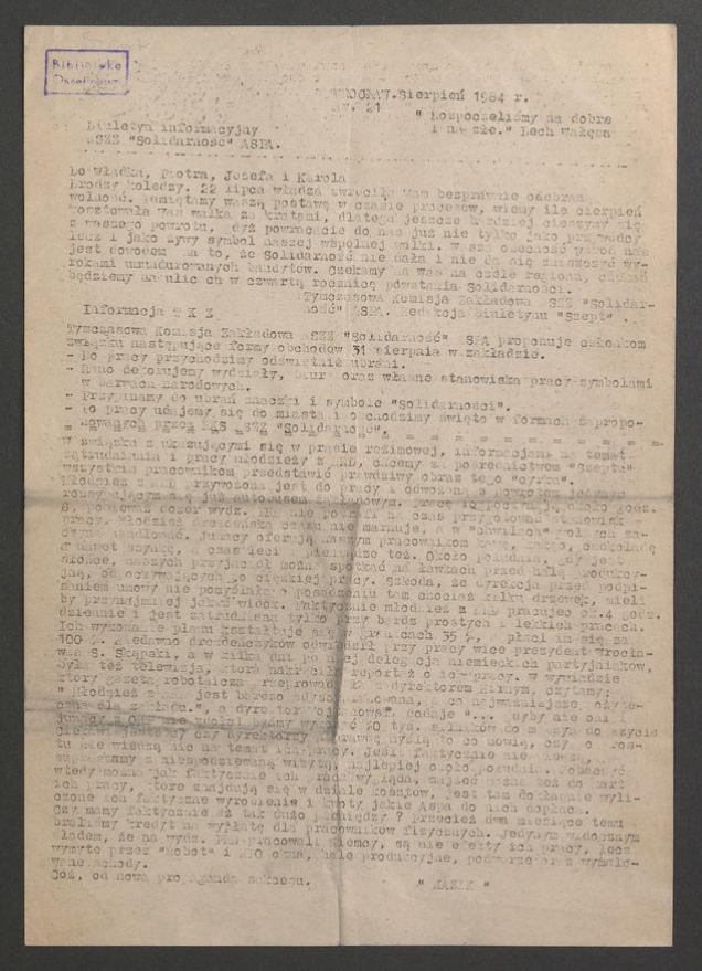 Szept : biuletyn informacyjny NSZZ &bdquo;Solidarność&rdquo; ASPA. 1984, numer&nbsp;21