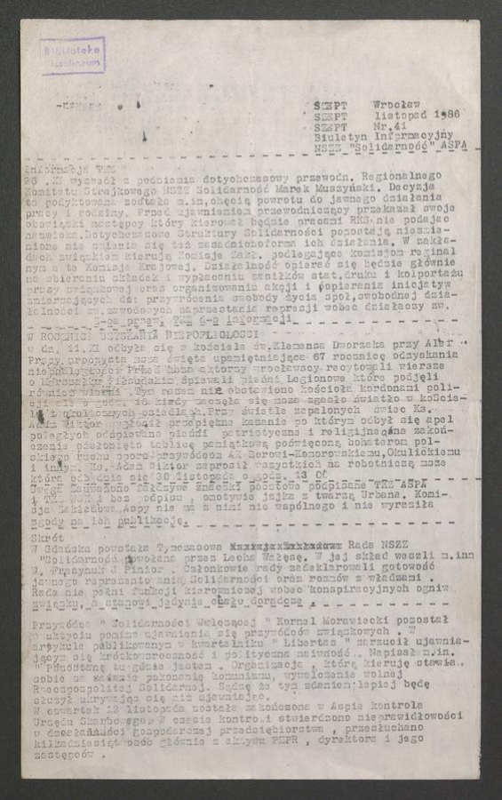 Szept : biuletyn informacyjny NSZZ &bdquo;Solidarność&rdquo; ASPA. 1986, numer&nbsp;41